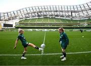 22 September 2023; Denise O'Sullivan, left, and Amber Barrett during a Republic of Ireland women training session at the Aviva Stadium in Dublin. Photo by Stephen McCarthy/Sportsfile