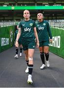 22 September 2023; Denise O'Sullivan and Savannah McCarthy, right, during a Republic of Ireland women training session at the Aviva Stadium in Dublin. Photo by Stephen McCarthy/Sportsfile