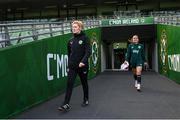 22 September 2023; Interim head coach Eileen Gleeson and Chloe Mustaki, right, during a Republic of Ireland women training session at the Aviva Stadium in Dublin. Photo by Stephen McCarthy/Sportsfile