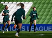 22 September 2023; Emily Whelan and Katie McCabe, left, during a Republic of Ireland women training session at the Aviva Stadium in Dublin. Photo by Stephen McCarthy/Sportsfile