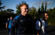 22 September 2023; Ciarán Frawley, left, and Jordan Larmour of Leinster arrive before the pre season friendly match between Leinster and Ulster at Navan RFC in Navan, Meath. Photo by David Fitzgerald/Sportsfile