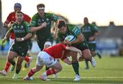 22 September 2023; Dave Heffernan of Connacht is tackled by Ethan Coughlan of Munster during the pre season friendly match between Connacht and Munster at The Sportsground in Galway. Photo by Ben McShane/Sportsfile
