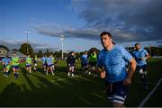 22 September 2023; Leinster captain James Culhane, right, leads his team to warm up before the pre season friendly match between Leinster and Ulster at Navan RFC in Navan, Meath. Photo by Sam Barnes/Sportsfile