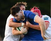 22 September 2023; Harry Byrne of Leinster in action against Tom Stewart, right, and Aaron Sexton of Ulster during the pre season friendly match between Leinster and Ulster at Navan RFC in Navan, Meath. Photo by Sam Barnes/Sportsfile