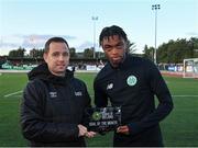 22 September 2023; Kennedy Amechi of Kerry is presented with the SSE Airtricity Goal of the Month Award by League of Ireland director Mark Scanlon before the SSE Airtricity Men's First Division match between Kerry and Galway United at Mounthawk Park in Tralee, Kerry. Photo by Piaras Ó Mídheach/Sportsfile