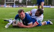22 September 2023; Liam Turner of Leinster celebrates after scoring his side's second try despite the tackle of Aaron Sexton of Ulster during the pre season friendly match between Leinster and Ulster at Navan RFC in Navan, Meath. Photo by Sam Barnes/Sportsfile