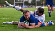 22 September 2023; Liam Turner of Leinster scores his side's second try despite the tackle of Aaron Sexton of Ulster during the pre season friendly match between Leinster and Ulster at Navan RFC in Navan, Meath. Photo by Sam Barnes/Sportsfile