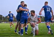 22 September 2023; Liam Turner of Leinster, 13, celebrates with team-mates after scoring his side's second try during the pre season friendly match between Leinster and Ulster at Navan RFC in Navan, Meath. Photo by Sam Barnes/Sportsfile
