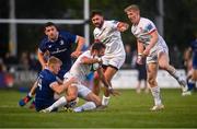 22 September 2023; Aaron Sexton of Ulster is tackled by Brian Deeny of Leinster during the pre season friendly match between Leinster and Ulster at Navan RFC in Navan, Meath. Photo by David Fitzgerald/Sportsfile
