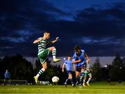 22 September 2023; Sean Brennan of UCD in action against Liam Burt of Shamrock Rovers during the SSE Airtricity Men's Premier Division match between UCD and Shamrock Rovers at UCD Bowl in Dublin. Photo by Stephen McCarthy/Sportsfile