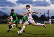22 September 2023; Ed McCarthy of Galway United in action against Sean Kennedy of Kerry FC during the SSE Airtricity Men's First Division match between Kerry and Galway United at Mounthawk Park in Tralee, Kerry. Photo by Piaras Ó Mídheach/Sportsfile