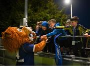 22 September 2023; Leinster mascot Leo the Lion with a supporters during the pre season friendly match between Leinster and Ulster at Navan RFC in Navan, Meath. Photo by David Fitzgerald/Sportsfile