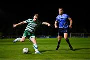 22 September 2023; Sean Hoare of Shamrock Rovers in action against Jack Keaney of UCD during the SSE Airtricity Men's Premier Division match between UCD and Shamrock Rovers at UCD Bowl in Dublin. Photo by Stephen McCarthy/Sportsfile