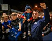22 September 2023; Leinster supporter Daithí Clarke, aged 2, with Will Connors of Leinster with fans after the pre season friendly match between Leinster and Ulster at Navan RFC in Navan, Meath. Photo by David Fitzgerald/Sportsfile