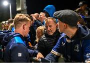22 September 2023; Ireland U21 head coach Richie Murphy speaks to his son Ben Murphy of Leinster after the pre season friendly match between Leinster and Ulster at Navan RFC in Navan, Meath. Photo by David Fitzgerald/Sportsfile