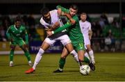 22 September 2023; Sean Kennedy of Kerry FC in action against Wassim Aouachria of Galway United  during the SSE Airtricity Men's First Division match between Kerry FC and Galway United at Mounthawk Park in Tralee, Kerry. Photo by Piaras Ó Mídheach/Sportsfile
