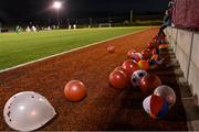22 September 2023; Party balloons and beach balls on the sideline near the Galway United supporters during the SSE Airtricity Men's First Division match between Kerry FC and Galway United at Mounthawk Park in Tralee, Kerry. Photo by Piaras Ó Mídheach/Sportsfile