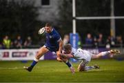 22 September 2023; Jordan Larmour of Leinster is tackled by Nick Timoney of Ulster during the pre season friendly match between Leinster and Ulster at Navan RFC in Navan, Meath. Photo by David Fitzgerald/Sportsfile
