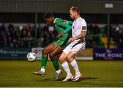 22 September 2023; Samuel Aladesanusi of Kerry FC in action against Stephen Walsh of Galway United during the SSE Airtricity Men's First Division match between Kerry FC and Galway United at Mounthawk Park in Tralee, Kerry. Photo by Piaras Ó Mídheach/Sportsfile