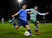 22 September 2023; Sean Brennan of UCD in action against Trevor Clarke of Shamrock Rovers during the SSE Airtricity Men's Premier Division match between UCD and Shamrock Rovers at UCD Bowl in Dublin. Photo by Stephen McCarthy/Sportsfile