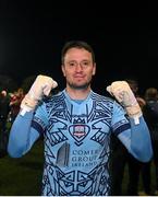 22 September 2023; Galway United goalkeeper Brendan Clarke celebrates after his team's victory in the SSE Airtricity Men’s First Division match against Kerry at Mounthawk Park in Tralee, Kerry. Photo by Piaras Ó Mídheach/Sportsfile