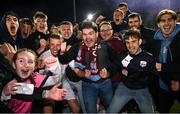 22 September 2023; Galway United supporters celebrate after their victory in the SSE Airtricity Men’s First Division match against Kerry at Mounthawk Park in Tralee, Kerry. Photo by Piaras Ó Mídheach/Sportsfile