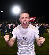 22 September 2023; Killian Brouder of Galway United celebrates after winning the SSE Airtricity Men’s First Division match against Kerry at Mounthawk Park in Tralee, Kerry. Photo by Piaras Ó Mídheach/Sportsfile