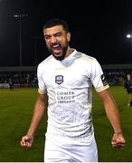 22 September 2023; Wassim Aouachria of Galway United celebrates after winning the SSE Airtricity Men’s First Division match against Kerry at Mounthawk Park in Tralee, Kerry. Photo by Piaras Ó Mídheach/Sportsfile