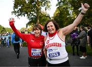 23 September 2023; Sharon Woods, left, and Mairead Cashman of Crusaders AC, Dublin, pictured before the 2023 Irish Life Dublin Half Marathon which took place on Saturday 23rd of September at Phoenix Park in Dublin. Photo by David Fitzgerald/Sportsfile