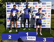 23 September 2023; Men's winner Peter Somba, Dunboyne AC, Meath, centre, with second place Sergui Cibanu, Clonliffe Harriers AC, Dublin, and third place David Glynn on the podium after the 2023 Irish Life Dublin Half Marathon which took place on Saturday 23rd of September at Phoenix Park in Dublin. Photo by David Fitzgerald/Sportsfile