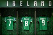 23 September 2023; A view of the jersey assigned to, from left, Diane Caldwell, Tyler Toland and Amber Barrett hanging in the dressing room before the UEFA Women's Nations League B1 match between Republic of Ireland and Northern Ireland at Aviva Stadium in Dublin. Photo by Stephen McCarthy/Sportsfile