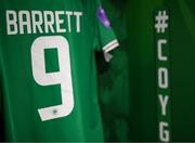 23 September 2023; A view of the jersey assigned to Amber Barrett hanging in the dressing room before the UEFA Women's Nations League B1 match between Republic of Ireland and Northern Ireland at Aviva Stadium in Dublin. Photo by Stephen McCarthy/Sportsfile