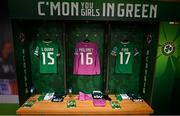 23 September 2023; A view of the jerseys assigned to, from left, Louise Quinn, Goalkeeper Grace Moloney and Jamie Finn hanging in the dressing room before the UEFA Women's Nations League B1 match between Republic of Ireland and Northern Ireland at Aviva Stadium in Dublin. Photo by Stephen McCarthy/Sportsfile
