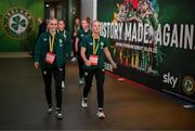23 September 2023; Izzy Atkinson, left, and Lily Agg of Republic of Ireland arrive at the stadium before the UEFA Women's Nations League B1 match between Republic of Ireland and Northern Ireland at Aviva Stadium in Dublin. Photo by Stephen McCarthy/Sportsfile