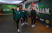 23 September 2023; Republic of Ireland players, from left, Hayley Nolan, Savannah McCarthy, Abbie Larkin and Saoirse Noonan arrive at the stadium before the UEFA Women's Nations League B1 match between Republic of Ireland and Northern Ireland at Aviva Stadium in Dublin. Photo by Stephen McCarthy/Sportsfile