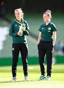 23 September 2023; Caitlin Hayes, left, and Claire O'Riordan of Republic of Ireland before the UEFA Women's Nations League B1 match between Republic of Ireland and Northern Ireland at Aviva Stadium in Dublin. Photo by Stephen McCarthy/Sportsfile