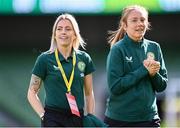 23 September 2023; Denise O'Sullivan, left, and Republic of Ireland goalkeeper Grace Moloney before the UEFA Women's Nations League B1 match between Republic of Ireland and Northern Ireland at Aviva Stadium in Dublin. Photo by Stephen McCarthy/Sportsfile