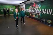 23 September 2023; Denise O'Sullivan of Republic of Ireland, left, and Republic of Ireland goalkeeper Grace Moloney arrive at the stadium before the UEFA Women's Nations League B1 match between Republic of Ireland and Northern Ireland at Aviva Stadium in Dublin. Photo by Stephen McCarthy/Sportsfile