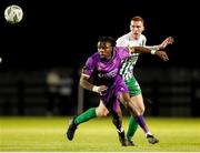 22 September 2023; Thomas Oluwa of Wexford in action against Sean Quinn of Bray Wanderers during the SSE Airtricity Men's First Division match between Wexford and Bray Wanderers at Ferrycarrig Park in Wexford. Photo by Michael P Ryan/Sportsfile