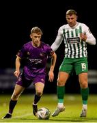 22 September 2023; Reece Webb of Wexford in action against Jake Walker of Bray Wanderers during the SSE Airtricity Men's First Division match between Wexford and Bray Wanderers at Ferrycarrig Park in Wexford. Photo by Michael P Ryan/Sportsfile