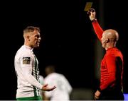 22 September 2023; Jake Walker of Bray Wanderers is shown a yellow card by referee Marc Lynch during the SSE Airtricity Men's First Division match between Wexford and Bray Wanderers at Ferrycarrig Park in Wexford. Photo by Michael P Ryan/Sportsfile