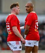 22 September 2023; Simon Zebo, right, and Rory Scannell of Munster during the pre season friendly match between Connacht and Munster at The Sportsground in Galway. Photo by Ben McShane/Sportsfile