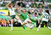 23 September 2023; Katie McCabe of Republic of Ireland in action against Marissa Callaghan of Northern Ireland, left, and Joely Andrews during the UEFA Women's Nations League B1 match between Republic of Ireland and Northern Ireland at Aviva Stadium in Dublin. Photo by Eóin Noonan/Sportsfile