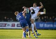22 September 2023; Will Addison of Ulster in action against Tommy O'Brien, left, and Chris Cosgrave of Leinster during the pre season friendly match between Leinster and Ulster at Navan RFC in Navan, Meath. Photo by Sam Barnes/Sportsfile