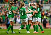23 September 2023; Lily Agg of Republic of Ireland, second from right, celebrates with team-mates, from left, Kyra Carusa, Amber Barrett, Denise O'Sullivan and Tyler Toland after scoring her side's third goal during the UEFA Women's Nations League B1 match between Republic of Ireland and Northern Ireland at Aviva Stadium in Dublin. Photo by Eóin Noonan/Sportsfile