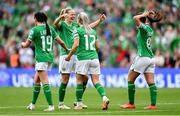 23 September 2023; Lily Agg of Republic of Ireland, 12, celebrates with team-mate Diane Caldwell after scoring their side's third goal during the UEFA Women's Nations League B1 match between Republic of Ireland and Northern Ireland at Aviva Stadium in Dublin. Photo by Stephen McCarthy/Sportsfile
