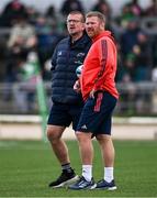 22 September 2023; Munster head coach Graham Rowntree, left, and forwards coach Andi Kyriacou before the pre season friendly match between Connacht and Munster at The Sportsground in Galway. Photo by Ben McShane/Sportsfile