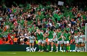 23 September 2023; Lily Agg of Republic of Ireland, second from left, celebrates with team-mate Amber Barrett after scoring their side's third goal during the UEFA Women's Nations League B1 match between Republic of Ireland and Northern Ireland at Aviva Stadium in Dublin. Photo by Ben McShane/Sportsfile