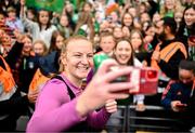 23 September 2023; Republic of Ireland goalkeeper Courtney Brosnan celebrates with supporters after her side's victory in the UEFA Women's Nations League B1 match between Republic of Ireland and Northern Ireland at Aviva Stadium in Dublin. Photo by Eóin Noonan/Sportsfile