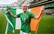 23 September 2023; Lily Agg of Republic of Ireland celebrates after their side's victory in the UEFA Women's Nations League B1 match between Republic of Ireland and Northern Ireland at Aviva Stadium in Dublin. Photo by Stephen McCarthy/Sportsfile